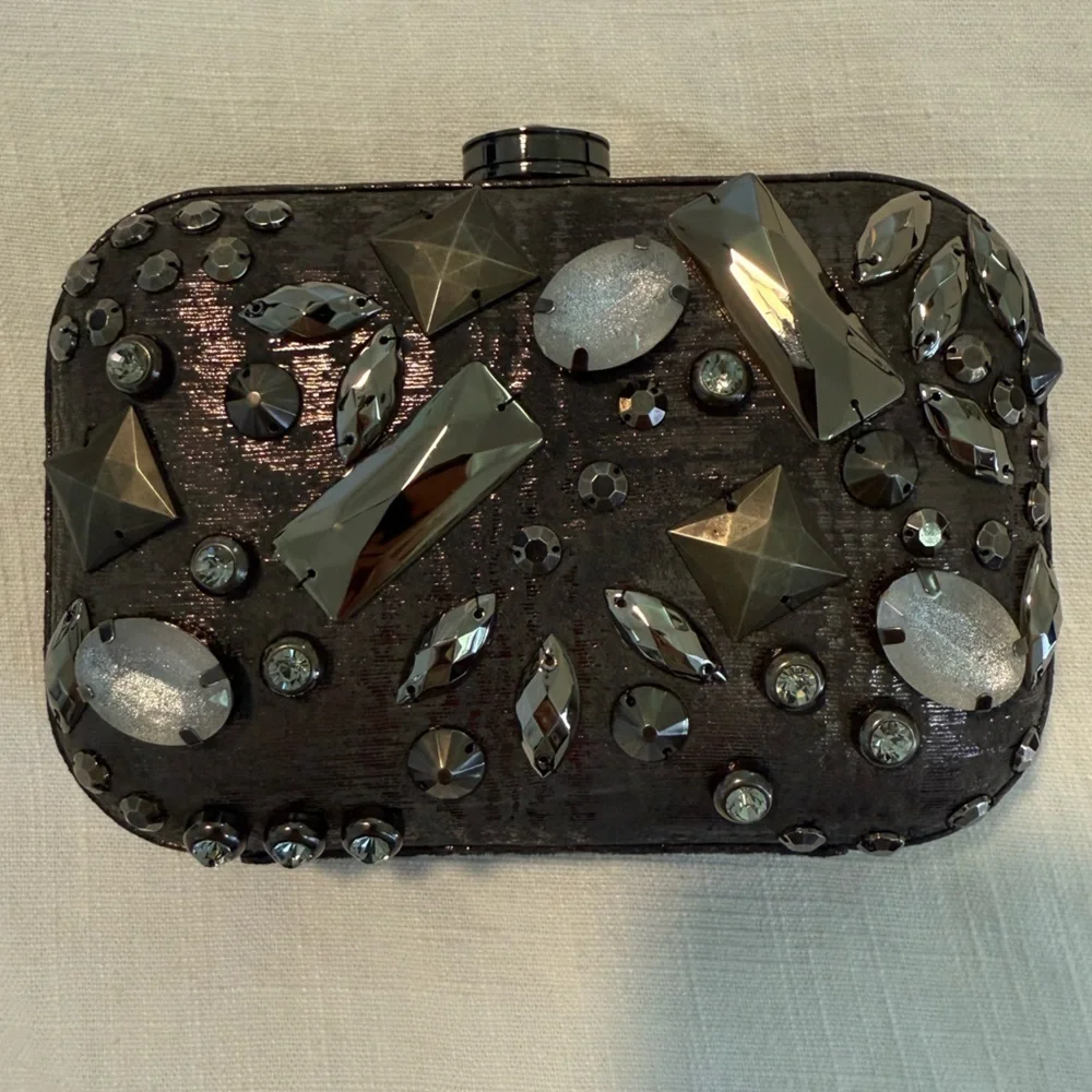 NWOT Rafe New York Minaudière Clutch Purse Graphite Embellished silver black